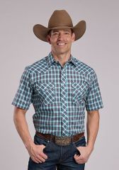 Roper Men's Short Sleeve Plaid Shirt - Teal, Brown And White