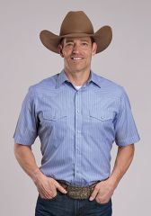 Roper Men's Blue/White Wide Stripe Short Sleeve 