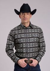ROPER Mens L/S Horizontal Aztec Print - Blk