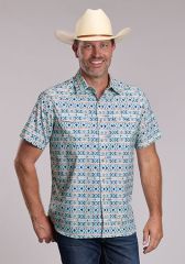 Men's Roper Short Sleeve Horizontal Aztec Print - Blue & Coral