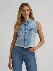 Wrangler Women's Frayed Hem Sleeveless Denim Snap Shirt