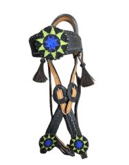 Alamo Brownband Headstall With Black / Green / Blue Beaded Conchos