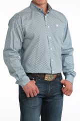 Men's Cinch Light Blue Geo Print Button L/S Shirt