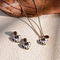 Wrangler Cow-Print Natural Stone Pendant Gold Necklace Earrings Set - Black