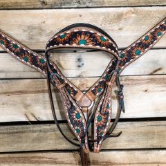 1D Hand Tooled Collection Sunflower White Buckstitch Headstall and Breastcollar Set