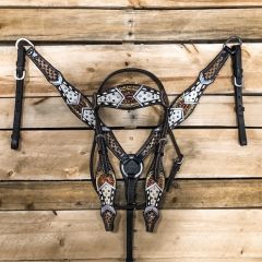 1D Hand Tooled Collection Cowhide Inlay Headstall and Breastcollar Set
