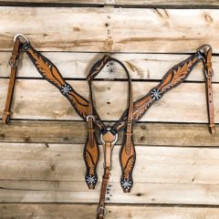 1D Hand Tooled Collection Black/Tan One Ear Headstall and Breastcollar Set