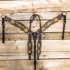 1D Hand Tooled Collection Beaded Sunflower One Ear Headstall and Breastcollar Set