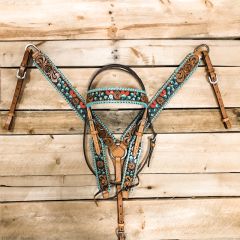 1D Hand Tooled Collection Green Cactus Headstall and Breastcollar Set