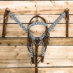 1D Hand Tooled Collection Blue Aztec Beaded Headstall and Breastcollar Set