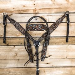 1D Hand Tooled Collection Floral Tooled Turquoise Base Headstall and Breastcollar Set