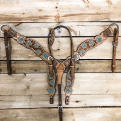1D Hand Tooled Collection Turquoise Daisy One Ear Headstall and Breastcollar Set
