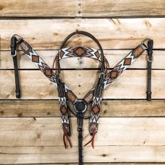 1D Hand Tooled Collection Beaded Aztec Headstall and Breastcollar Set
