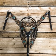 1D Hand Tooled Collection Turquoise Flower Multi Tooled Headstall and Breastcollar Set