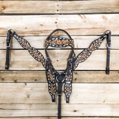 1D Hand Tooled Collection Floral Tooled Contrast Headstall and Breastcollar Set
