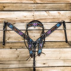 1D Hand Tooled Collection Blue and Pink Feather Headstall and Breastcollar Set