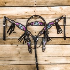 1D Hand Tooled Collection Cactus Feather Headstall and Breastcollar Set