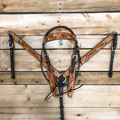 1D Hand Tooled Collection Multi Colour Floral Headstall and Breastcollar Set