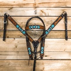 1D Hand Tooled Collection Turquoise Aztec Beaded Headstall and Breastcollar Set