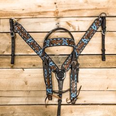1D Hand Tooled Collection Blue Floral Buckstitch Headstall and Breastcollar Set