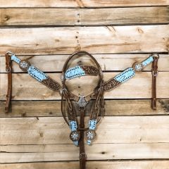 1D Saddlery Blue with Floral Headstall and Breastcollar Set