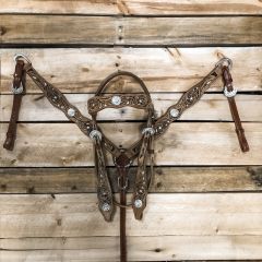1D Saddlery Floral Tooled Bling Concho Headstall and Breastcollar Set
