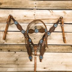 1D Saddlery Tooled Turquoise Concho Headstall and Breastcollar Set