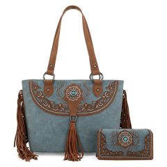  Montana West Embroidered Concealed Carry Tote with Wallet Set - Blue